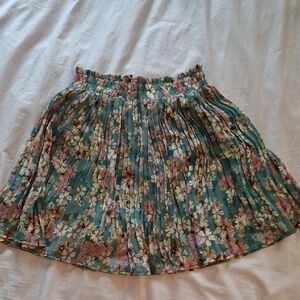 Pleated Floral Skater Skirt in Teal Green